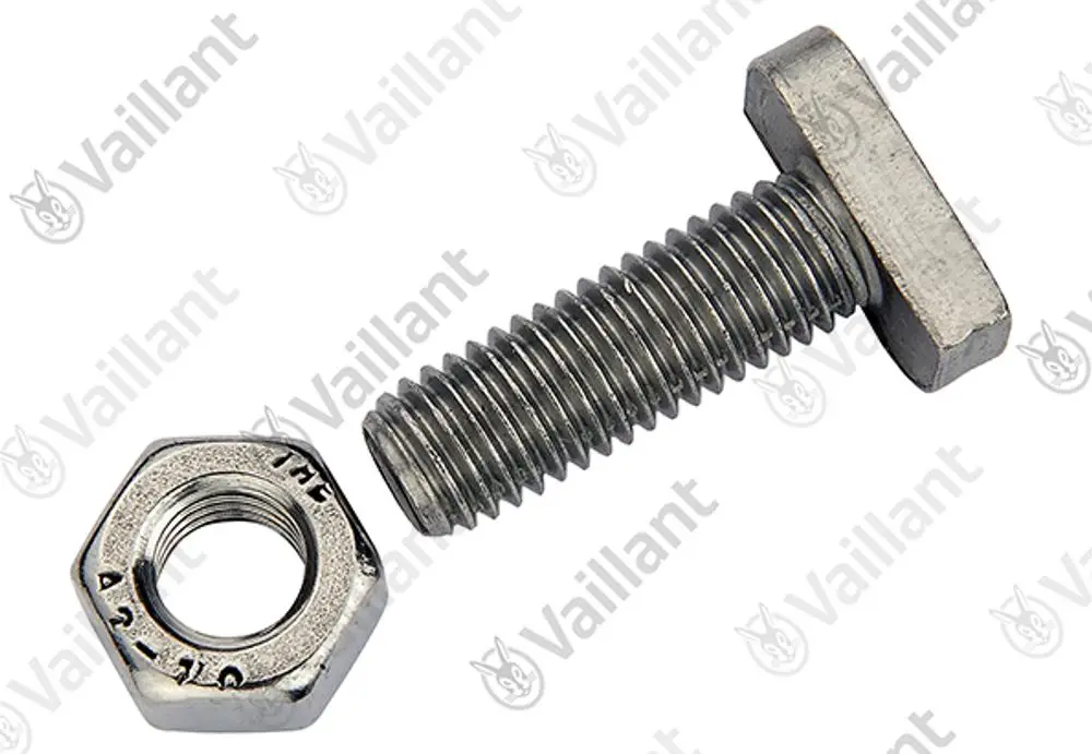 Vaillant Hammerschraube mit einem quadratischen Kopf und einem Gewinde. Eine passende Sechskantmutter ist daneben abgebildet.
